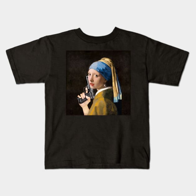 Girl With A Pearl Earring & Gun Kids T-Shirt by SmolButDedly